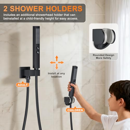 Shower System with Tub Spout, Ceiling Mounted Bathtub Shower Faucet Set, 12" Rainfall Shower Head and Handheld Shower Combo, High Pressure Shower Fixtures Set with Rough-in Valve, Matte Black - color: Matte Black, style: 12" Ceiling Mounted Shower System