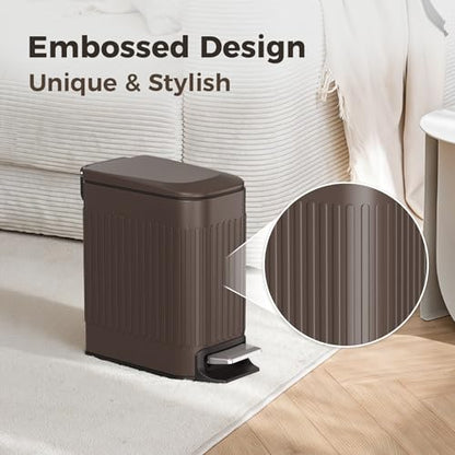 TrashAid Slim Bathroom Trash Can with Lid Soft Close & Pedal, 1.6Gal, Brown | Removable Inner Bucket, Stainless Steel Garbage Can, Small Wastebasket for Toilet/Office/Bedroom, Retro Design, Odor Control - color: Brown