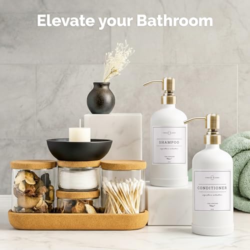 Vine Creations White Glass Soap Dispenser, 2 Pack Kitchen Soap Dispenser Set with Stainless Steel Pump, 16 oz Dish Soap and Hand Soap Dispensers for Bathroom with Waterproof Labels - color: Matte White Bottle / Brushed Brass Pump