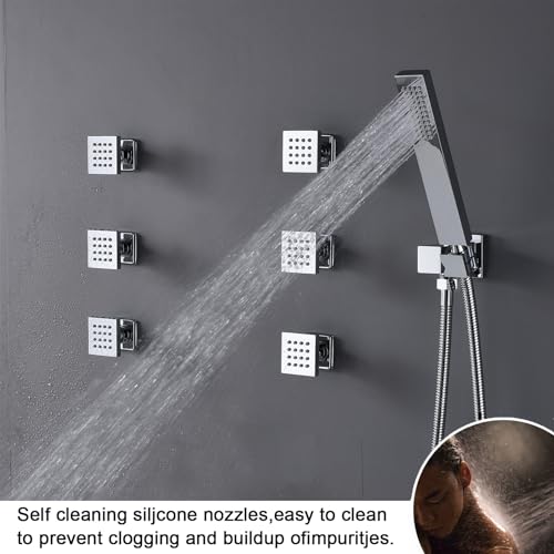 Thermostatic Shower System Chrome Shower Faucet Set, Four Modes Shower Faucet with 4 PCS Body Jet, Handheld Spray, 2 Rainfall Shower Head(12+8“) - color: Chrome, size: 12+8" Ceiling Shower