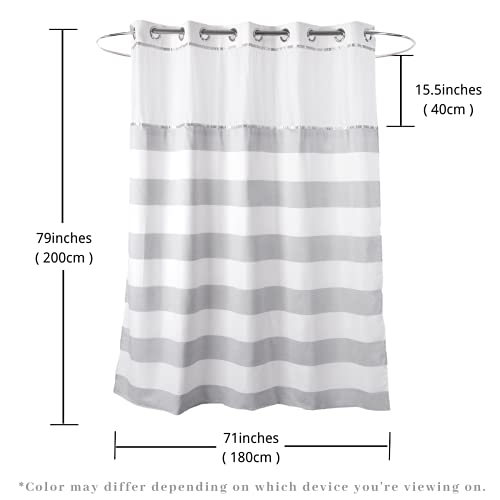 71“W x74”H Stripe Fabric Hook Free Shower Curtain with Polyester Magnet Snap-in Liner–Top See Through with Mesh Window Light Grey&White - color: White&light Grey, size: 71"W x 74"L (Pack of 1)