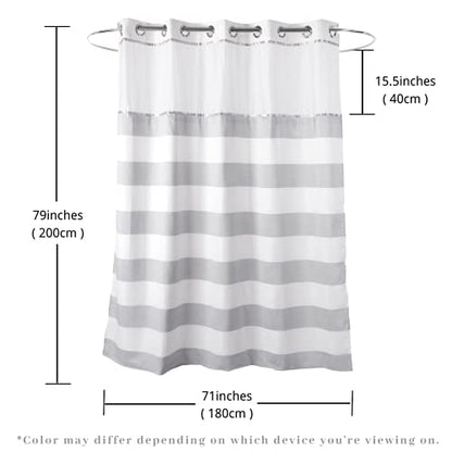 71“W x74”H Stripe Fabric Hook Free Shower Curtain with Polyester Magnet Snap-in Liner–Top See Through with Mesh Window Light Grey&White - color: White&light Grey, size: 71"W x 74"L (Pack of 1)