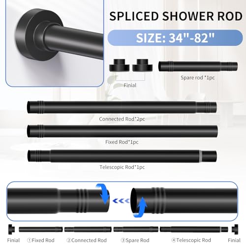 Black Shower Curtain Rod 34-82 Inches(2.8-6.8ft) Never Rust Adjustable Shower Rod Spring Tension Non Slip No Drilling Shower Rods for Bathroom Garland Window - color: Matte Black, size: 34”-82“