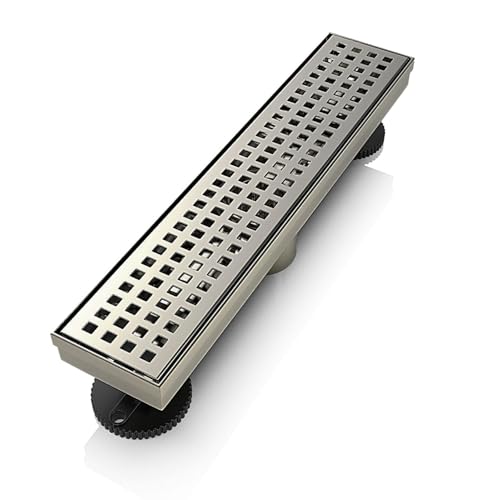 WEBANG 12 Inch Linear Shower Drain Rectangular Floor Drain with Accessories Square Hole Pattern Cover Grate Removable SUS304 Stainless Steel CUPC Certified Brushed Nickel - color: Brushed Nickel, size: 12 Inch