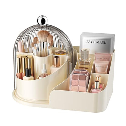 360 Rotating Makeup Organizer with Clear Dust Lid, Multi-compartment Perfume & Makeup Brush Holder, Large Capacity Vanity Desk Storage for Cosmetics, Skincare, Kitchen, Pantry, Bathroom Countertop