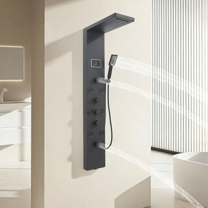 6-in-1 LED Shower Panel Tower System with 8 Adjustable Body Jets, Rainfall & Waterfall Shower, Smart Temperature Display, 59" Hose, Brushed Gold Stainless Steel, Wall Mounted (Black) - color: Black