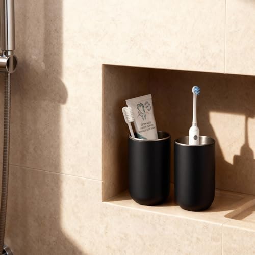 Unbreakable Stainless Steel Toothbrush Holder Tumbler Cup for Bathroom 13oz | Reusable Kids Bathroom Tumbler Cup & Tooth Brush Holder, Mens Countertop Toothpaste Organizer Storage Set, Black 2 Pack - color: Black