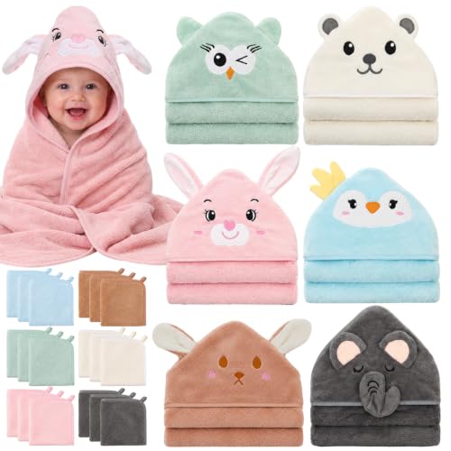 Tegeme 24 Pcs Large Hooded Baby Towel with Washcloths,Soft Animals | Ultra Absorbent, Toddler, 6 Bath Towel, 18 Washcloths 10inch, Coral Fleece, Newborn, Infant, Boy, Girl, Baby Shower, Birthday - style: Soft Animals