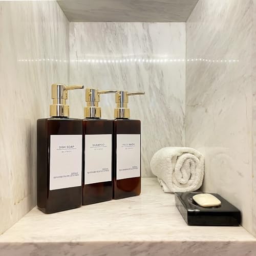 Shampoo and Conditioner Dispenser, No Drill, 16 Waterproof Labels | Shampoo Dispenser for Shower Wall, Shower Soap Dispenser Wall Mounted 3 Chamber, Bathroom, 17oz, Gold Amber - color: Amber Bottle + Gold Pump