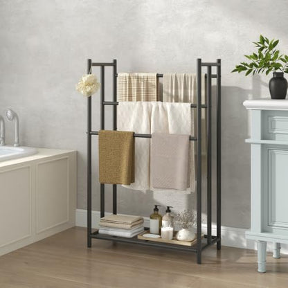 HOOBRO Free Standing Towel Rack for Bathroom, 25.2" L x 11.4" W x 39.4" H, 3-Tier Blanket Rack Stand with Bottom Mesh, Freestanding Quilt Stand with Adjustable Feet, Industrial Style, Black BK09LB01