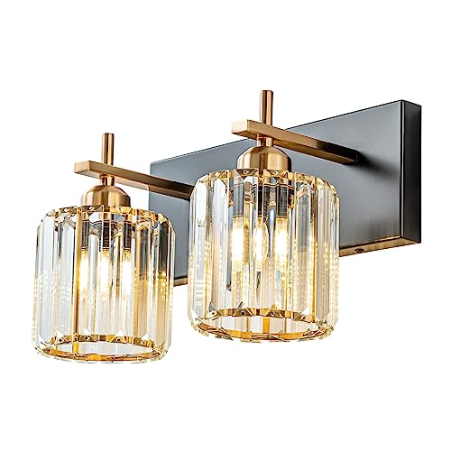 2-Light Crystal Bathroom Vanity Lights, Black Gold Modern Bathroom Light Fixtures Over Mirror Crystal Wall Lighting with Polished Gold Finish - color: Black Gold-Round Shade, size: 2-Light