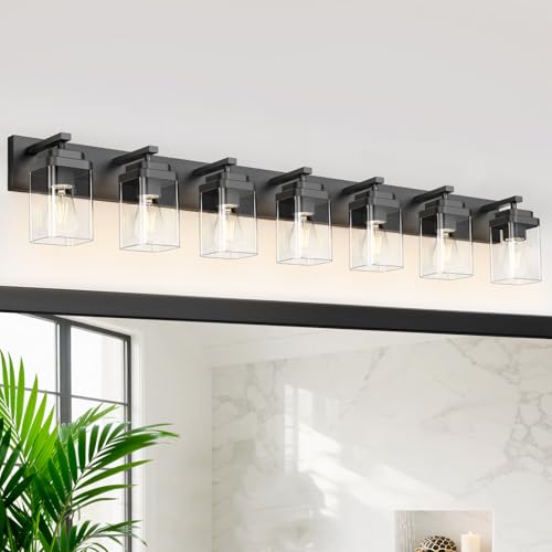 Black Bathroom Light Fixtures, 7 Lights Bathroom Lighting Fixtures Over Mirror, Square Design & Rectangle Large Backplate, Modern Vanity Lighting Fixtures, for Bathroom/Living Room/Bedroom - color: Black, size: 52-inch, 7-Light