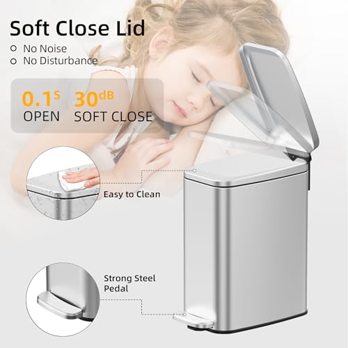 KSSKSS 1.6 Gallon/6L Small Bathroom Steel Step Trash Can, Soft-Close Lid & Fingerprint-Proof, Slim Wastebasket for Narrow Spaces (Silver) - color: Silver