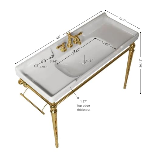 48" Bathroom Console Sink, VICI Wall Mounted Ceramic Basin with 3 Faucet Holes, Vanity Sink with Overflow, Freestanding Stainless Steel Legs, Towel Bar, Modern Bathroom Sink, White Top+Gold Leg - color: White,gold, size: 48''+White Top+Gold Leg