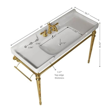 48" Bathroom Console Sink, VICI Wall Mounted Ceramic Basin with 3 Faucet Holes, Vanity Sink with Overflow, Freestanding Stainless Steel Legs, Towel Bar, Modern Bathroom Sink, White Top+Gold Leg - color: White,gold, size: 48''+White Top+Gold Leg