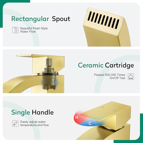 CREA Gold Waterfall Bathroom Faucet Single Hole,Brushed Gold Faucet for Bathroom Vanity Single Handle Bathroom Sink Faucet 1 Hole,Stainless Steel Utility Sink Faucet for RV Bar Lavatory(Pop Up Drain) - color: Brushed Gold, style: Rectangular Spout