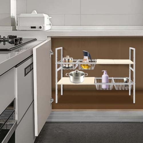 2-Tier Under Sink Organizer, Adjustable 20.9-34.6 Inch, Stainless Steel Cabinet Shelf with 4 Baskets, Cream White (Cream White) - color: Cream White