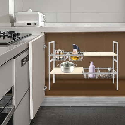 2-Tier Under Sink Organizer, Adjustable 20.9-34.6 Inch, Stainless Steel Cabinet Shelf with 4 Baskets, Cream White (Cream White) - color: Cream White