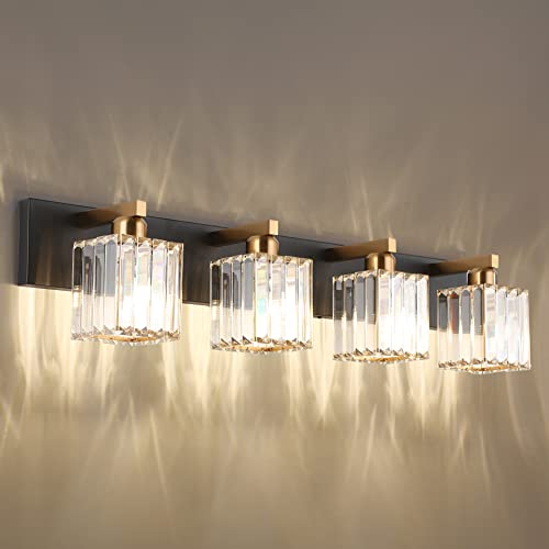 Aipsun Bathroom Vanity Light Fixtures Crystal Vanity Light for Bathroom 4 Light Modern Vanity Lighting (Exclude Bulb) - color: Black Gold, size: 32 inch