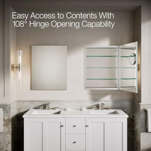Kohler 99007-NA Verdera® Recessed or Surface Mount Bathroom Medicine Cabinet with Mirror, Bathroom Wall Cabinet with Interior Magnifying Mirror, Slow-Close Doors, 24 in. W x 30 in. H - size: 24" W x 30"H, style: Magnifying Mirror + Slow Close