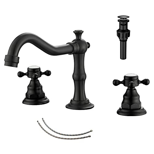 Matte Black Bathroom Faucet 2 Handles 3 Holes Faucet 8 inch Widespread Bathroom Sink Faucet Tap Mixer Supply Hose Included Matching Metal Pop Up Drain - color: Black, style: Ceramic Cover