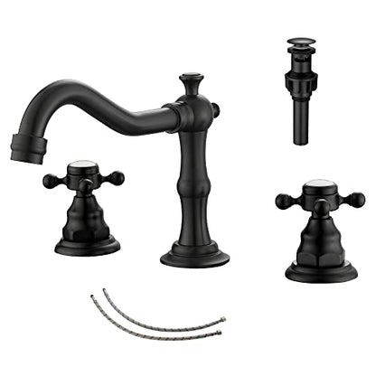 Matte Black Bathroom Faucet 2 Handles 3 Holes Faucet 8 inch Widespread Bathroom Sink Faucet Tap Mixer Supply Hose Included Matching Metal Pop Up Drain - color: Black, style: Ceramic Cover