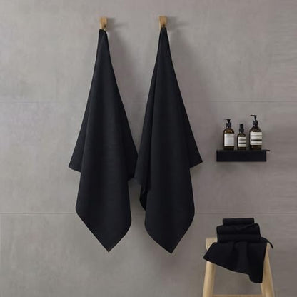 ecolook 6-Piece Waffle Weave Towel Set, 100% Cotton, Lightweight, Absorbent & Quick-Drying, 2 Bath Towels (31×63 in), 2 Hand Towels, 2 Washcloths, Lint-Free for Bathroom, Pool, Gym, Travel - Black - color: Black