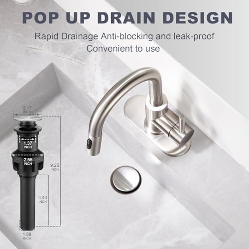 Brushe Nickel Bathroom Sink Faucet with Pull Down Sprayer | 2 Mode Sprayer, with Deck Plate for 1 or 3 Hole, 360° Swivel, with Pop Up Drain for Vanity Bar RV Basin Laundry - color: Brushed Nickel