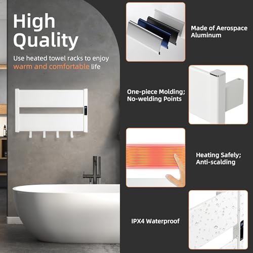 K&KALONZO Electric Heated Towel Rack, 2-Min Heat, Plug-in/Hardwired, H2-W | Wall Mounted, 10 Timers & 3 Heat Levels, 2H Rapid Dry, Anti-Scald, Aerospace Aluminum Towel Warmer for Bathroom, 4 Hooks, - color: White, size: 2-Bar