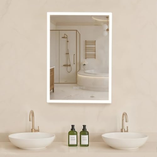 VEVOR Lighted Medicine Cabinet with Mirror, 20 x 28 in Recessed or Wall Mount, 3 Color Dimmable LED Bathroom Medicine Cabinet with Sensor Light, Adjustable Shelve Storage, Memory Defog Function - size: 20x28 in, style: With time&temp display