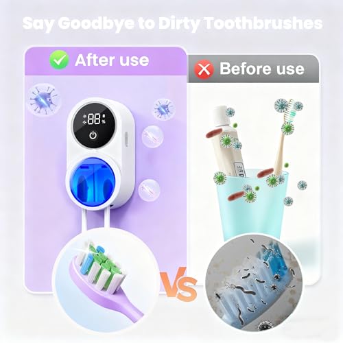 KLUEHOME Upgraded UV Toothbrush Sanitizer Holder for Bathroom, LED Smart Screen,Auto Light Cleaning and 140-Degree Air Drying, Rechargeable Mirror Wall Mounted,Fits Most Toothbrushes