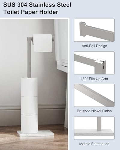 Freestanding Toilet Paper Holder Stand Brushed Nickel Tissue Roll Holder | SUS 304 Stainless Steel Rustproof 22 Inch Rotating Bathroom Toilet Paper Stand for 4 Rolls with Marble Base by HOMEMYSTIQUE - color: Brushed Nickel