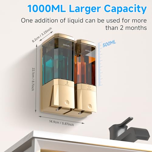 Shampoo and Conditioner Dispenser,Shower Dispenser 2 Chamber No Drill Shampoo Dispenser for Shower Wall Mounted Shower Soap Dispenser for Bathroom Hotel,Large Capacity 2 * 500ML,Gold - color: Gold 2 Chamber