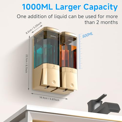 Shampoo and Conditioner Dispenser,Shower Dispenser 2 Chamber No Drill Shampoo Dispenser for Shower Wall Mounted Shower Soap Dispenser for Bathroom Hotel,Large Capacity 2 * 500ML,Gold - color: Gold 2 Chamber