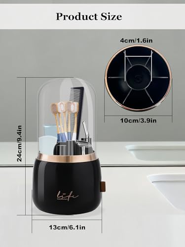 Covered Toothbrush Holder, 360° 7-Slot Rotating Draining Water, Black | Toothbrush Bathrooms Organizer with Cover for Kids Electric Tooth Brush, Toothpaste, Razors, Cosmetic Brushes - color: Black