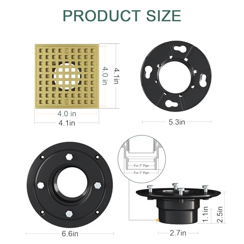 4 Inch Square Shower Floor Drain with Flange and Hair Strainer | SUS304 Stainless Steel, Anti-Clog, Brushed Gold Shower Drain with Hair Catcher, Removable Grid Drain Cover, For Bathroom - color: Brushed Gold