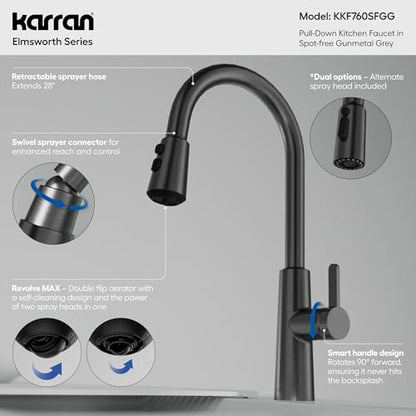 Karran Elmsworth Commercial Style Pull-Down Kitchen Faucet with Dual Interchangeable Spray Heads 5-Function Revolve MAX & 3-Function Revolve Mini Aerator High-Arc Spout (Spot Free Gunmetal Grey) - color: Spot Free Gunmetal Grey