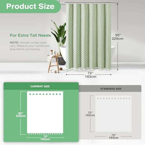 Extra Long Shower Curtain and Liner Set - 90 inch Tall Boho Shower Curtain and Waterproof Clear Liner, Tufted Chevron Striped Tassel Shower Curtains for Bathroom, 12 Hooks, 72x90, Sage Green - color: Sage Green, size: 72"W x 90"L (Pack of 1)