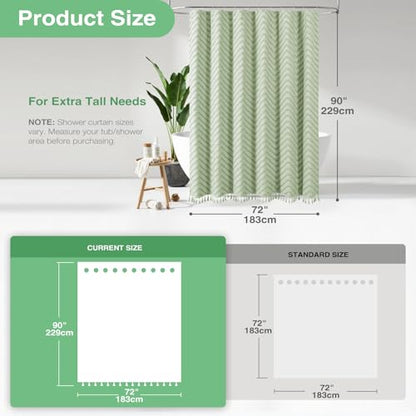 Extra Long Shower Curtain and Liner Set - 90 inch Tall Boho Shower Curtain and Waterproof Clear Liner, Tufted Chevron Striped Tassel Shower Curtains for Bathroom, 12 Hooks, 72x90, Sage Green - color: Sage Green, size: 72"W x 90"L (Pack of 1)