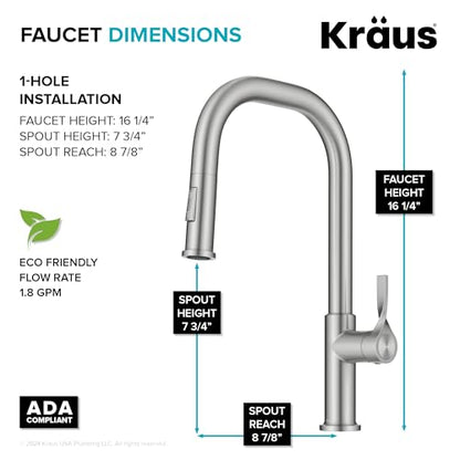 KRAUS Torak Pull Down Kitchen Faucet in Spot-Free Stainless Steel with 2 Function Sprayer, Pre-Attached Water Lines, and Mounting Hardware, KPF-2841SFS - color: Spot Free Stainless Steel, style: Pull-Down Square Arc Faucet