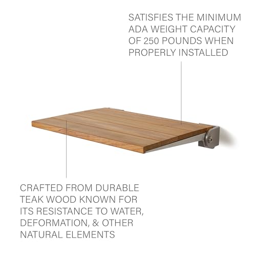 Seachrome18 inch Silhouette Slimline Folding Wall Mount Shower Bench Seat, Natural Teak Wood with Silver Frame - color: Teak Wood With Silver Frame