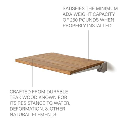 Seachrome18 inch Silhouette Slimline Folding Wall Mount Shower Bench Seat, Natural Teak Wood with Silver Frame - color: Teak Wood With Silver Frame