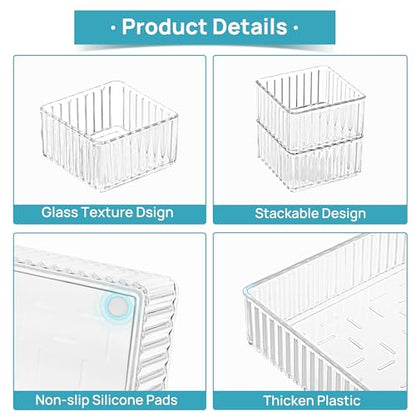 Vtopmart 7 PCS Clear Makeup Drawer Organizers Bins, 4-Size Stackable Makeup and Vanity Organizer Trays, Acrylic Bathroom Storage Containers for Cosmetic, Toiletries, Office Supply, Utensils, Gadgets | Vanity Organizer Trays for Makeup, Cosmetics, Jewelry,