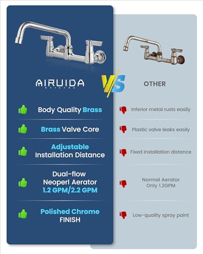Airuida Wall Mount Commercial Kitchen Faucet,8 Inch Swivel Spout,8 Inch Center Utility Sink Faucet with Dual Handles,Solid Brass 360° Swivel Spout,Commercial Sink Faucet for Kitchen Laundry,Chrome | Commercial Sink Faucet,Dual Handles,Utility Sink Faucet,
