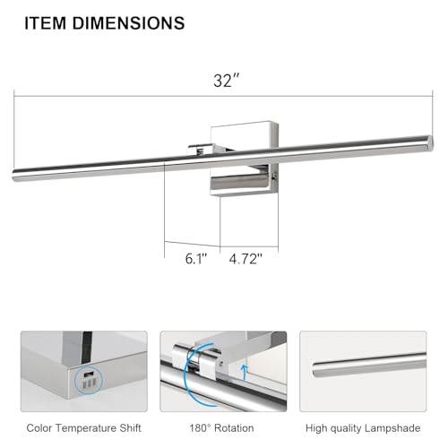 LED Bathroom Vanity Light, Modern Bathroom Light Fixture Over Mirror (3000K/4000K/6000K, Dimmable), Vanity Light Bar with Angle Adjustable, 32 Inch, Chrome - color: Chrome, size: 32 inch