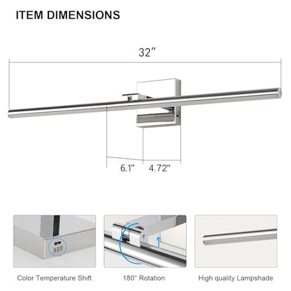 LED Bathroom Vanity Light, Modern Bathroom Light Fixture Over Mirror (3000K/4000K/6000K, Dimmable), Vanity Light Bar with Angle Adjustable, 32 Inch, Chrome - color: Chrome, size: 32 inch