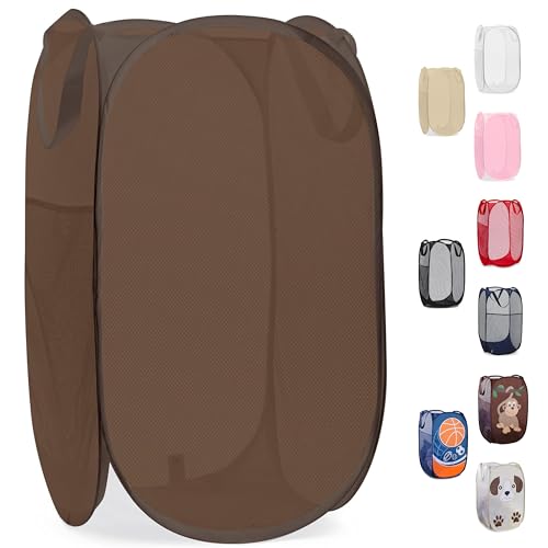 Handy Laundry Collapsible Mesh Pop Up Laundry Hamper with Side Pocket | Sturdy Reinforced Handles, Breathable Foldable Basket for Dorm, Travel, Cruise, Bedroom, 14 x 13 x 24 in, Brown - color: Brown