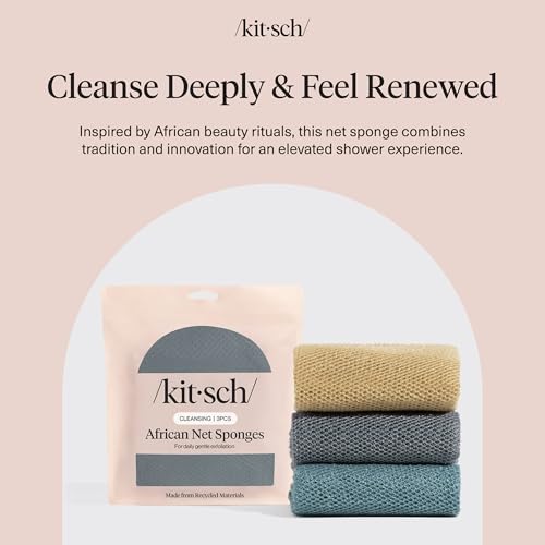 Kitsch African Net Sponge – Exfoliating Body Scrubber – Aqua Grey, 3 Pcs | for Cleansing & Gentle Daily Exfoliation – Stretchable Bath Sponge for Hard-to-Reach Areas – Long-Lasting Shower Essential - color: Aqua Grey