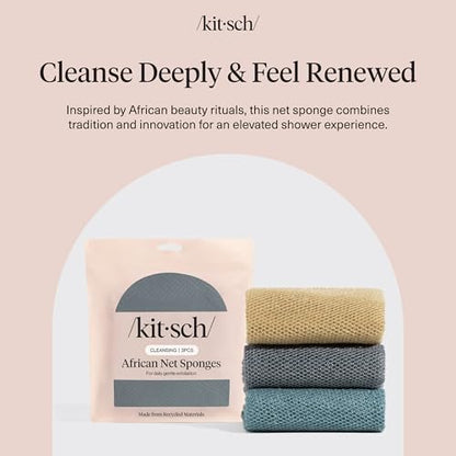 Kitsch African Net Sponge – Exfoliating Body Scrubber – Aqua Grey, 3 Pcs | for Cleansing & Gentle Daily Exfoliation – Stretchable Bath Sponge for Hard-to-Reach Areas – Long-Lasting Shower Essential - color: Aqua Grey