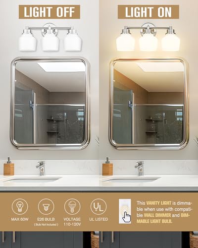 Emak Brushed Nickel Vanity Lights, Modern Milk Glass Bathroom Light Fixtures, 3-Light Bathroom Vanity Light Over Mirror, VL122-BN-ML-3 - color: Brushed Nickel & White Glass, size: 3 Light